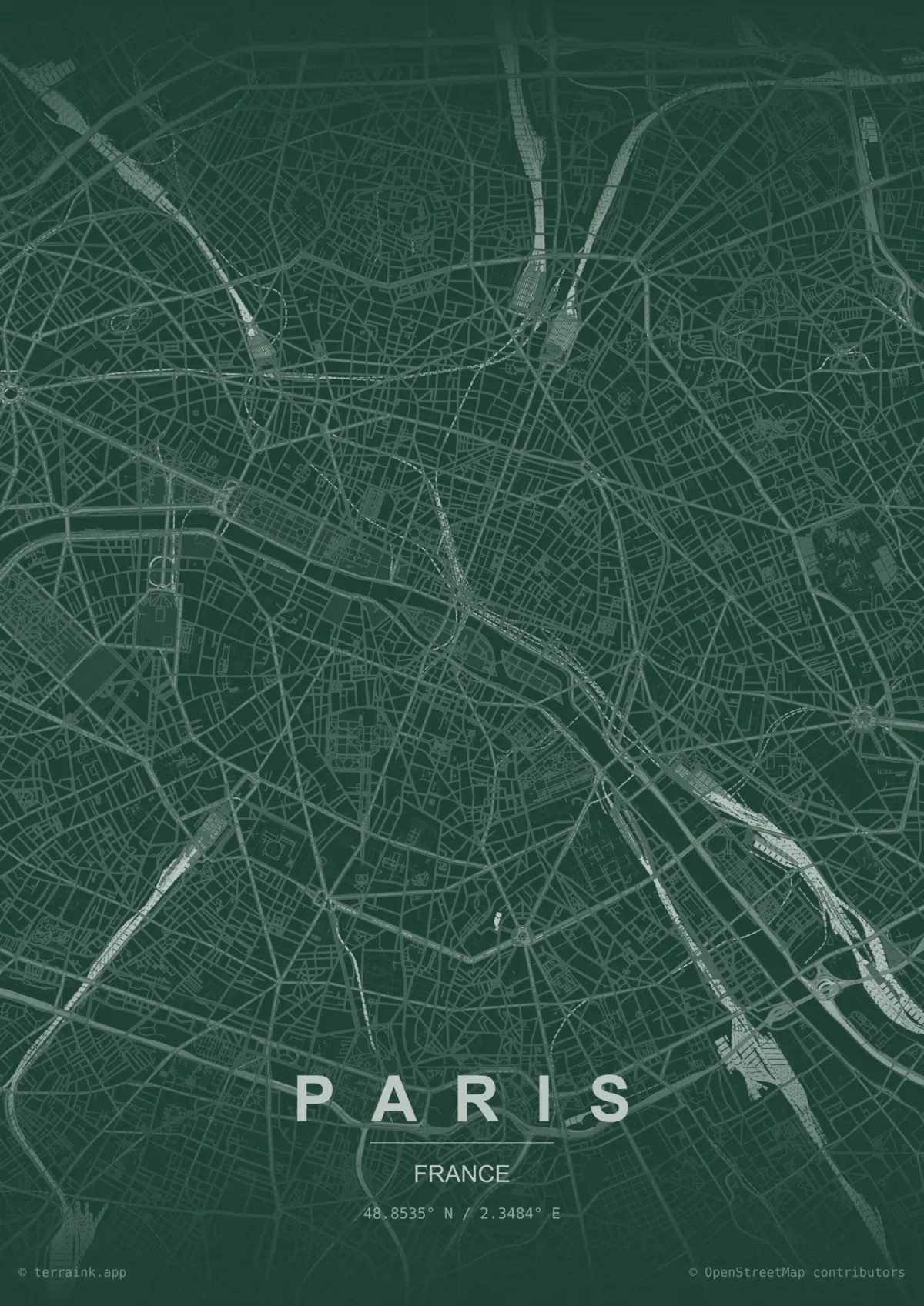 Affiche cartographique de Paris, palette Forêt