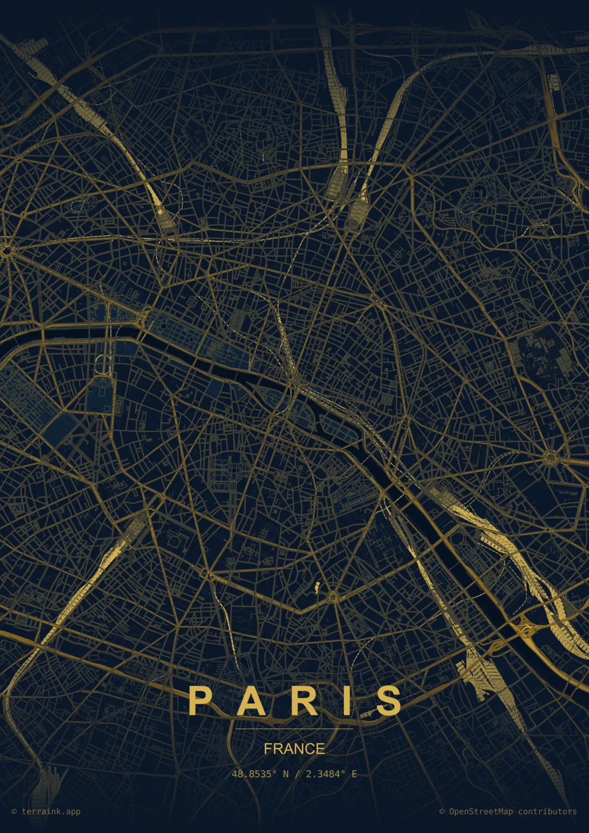 Affiche cartographique de Paris, palette Minuit