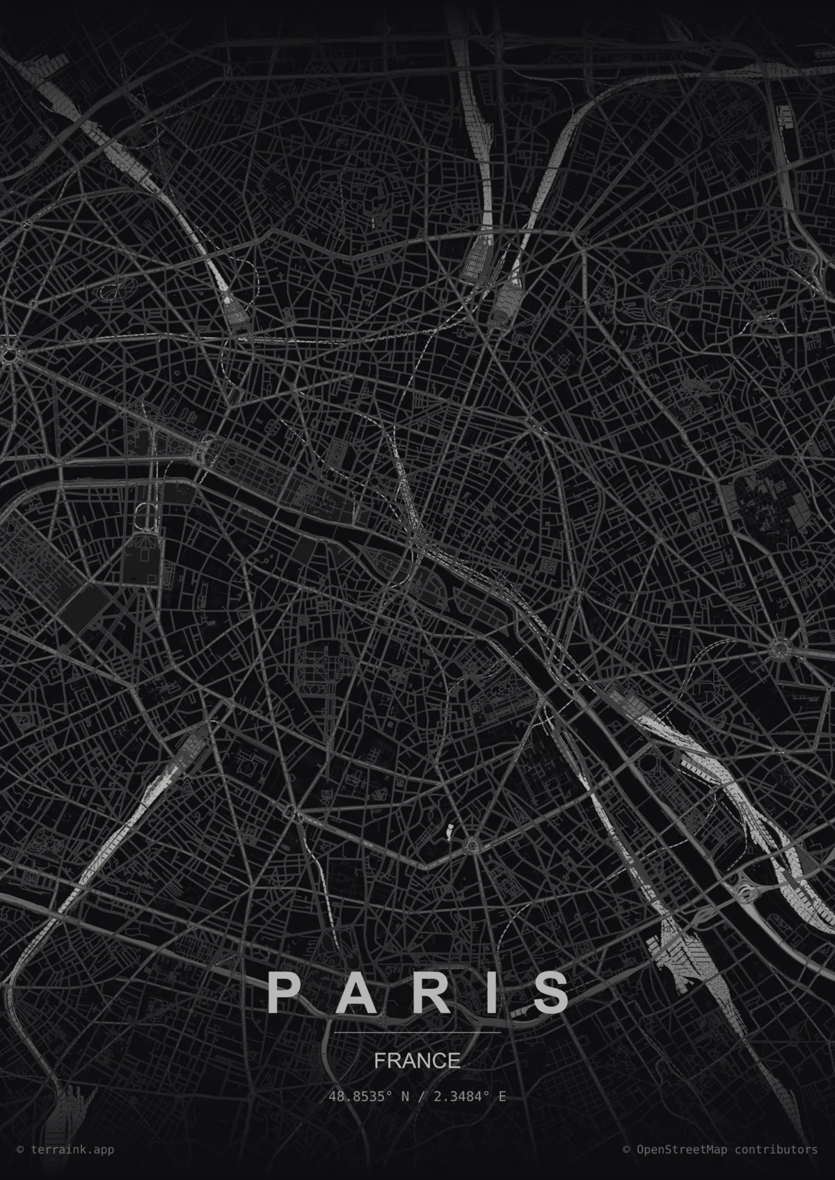 Affiche cartographique de Paris, palette Encre