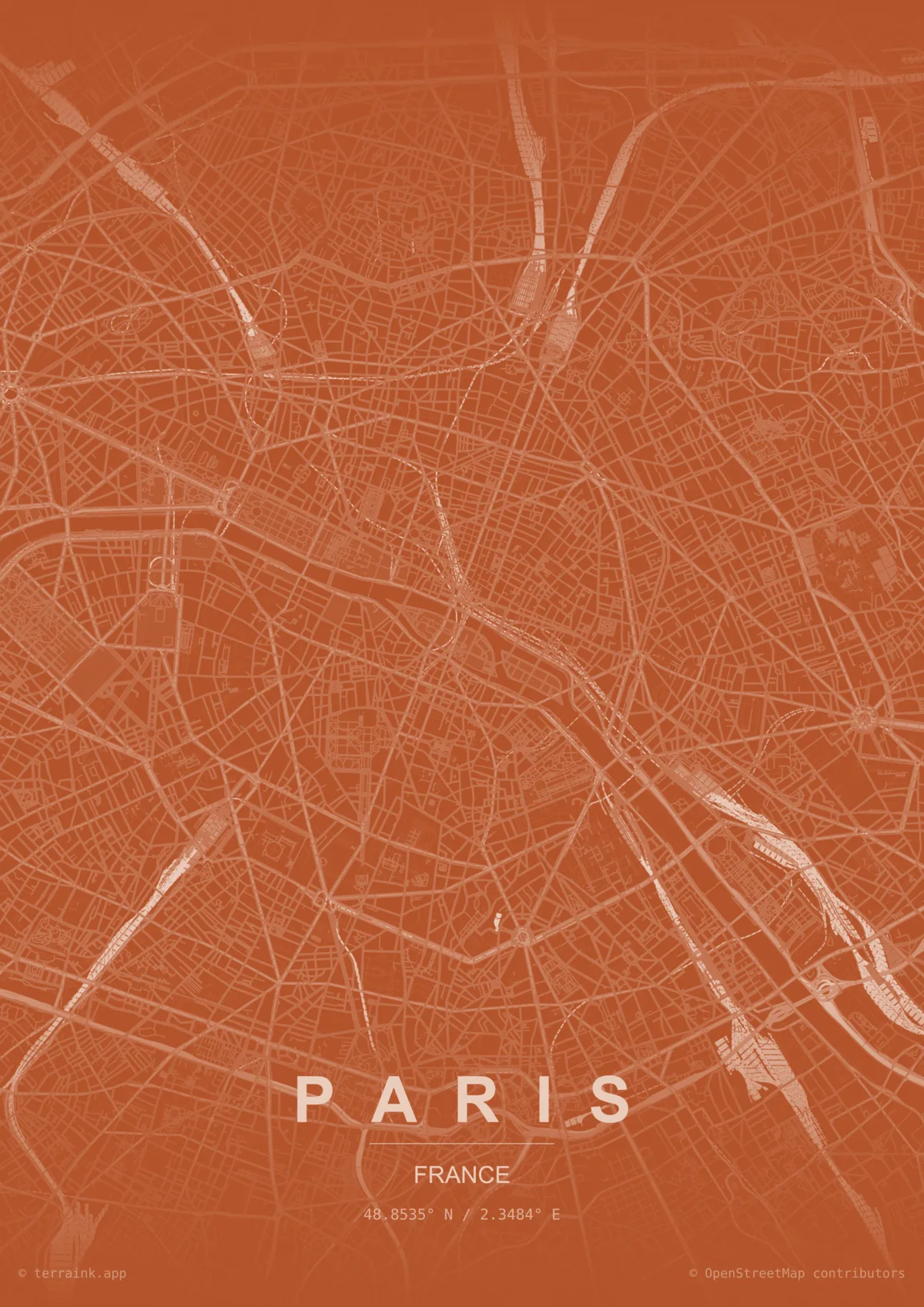 Affiche cartographique de Paris, palette Terracotta